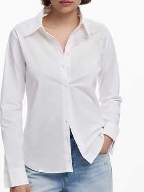 Desigual Embroidered Long Sleeve Stretch Cotton Button-Up Shirt White Medium